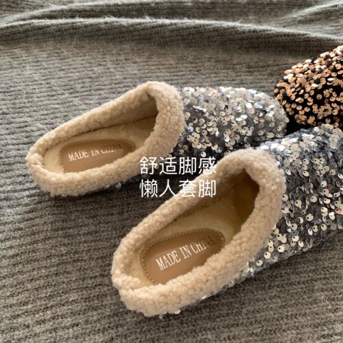 韩版ins女外穿亮片毛毛拖鞋