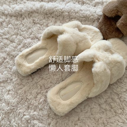 精致！温柔！老钱风格~INS仙女晚晚风毛毛拖鞋秋冬软糯慵懒一字拖