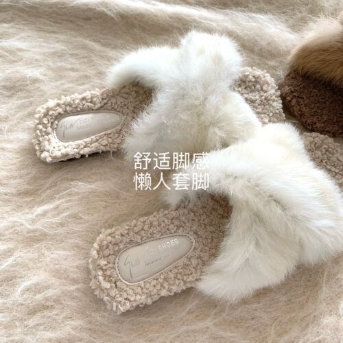 韩版ins女外穿平底交叉毛毛拖鞋