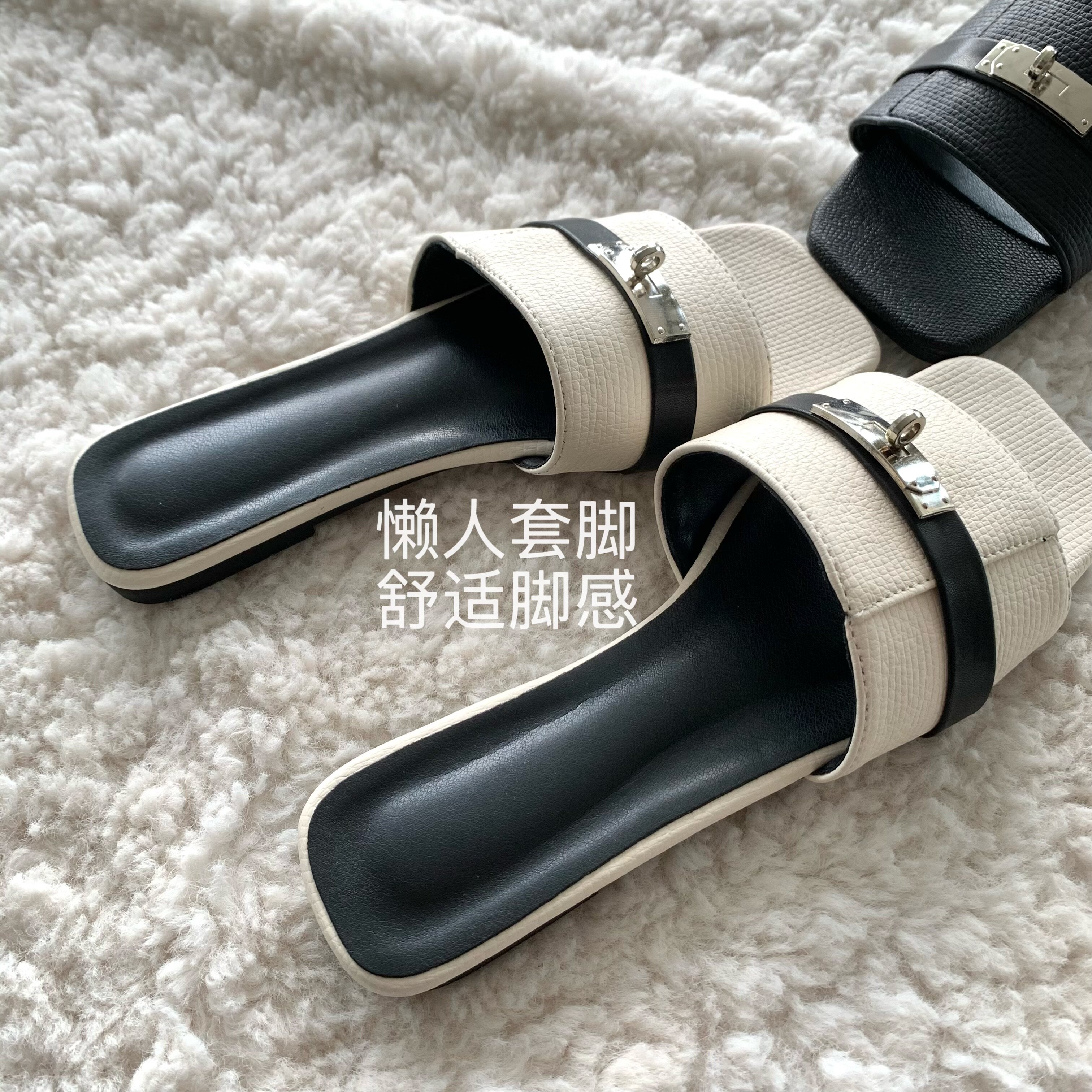 气质！矜贵！凯丽拖~INS金晨同款方头锁扣一字平底度假沙滩拖鞋女