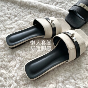 气质！矜贵！凯丽拖~INS金晨同款方头锁扣一字平底度假沙滩拖鞋女