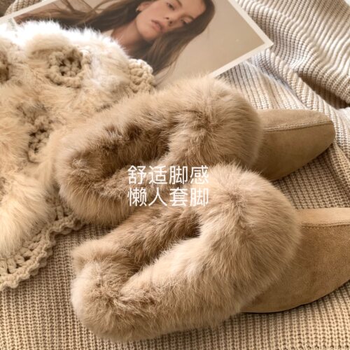 矜贵奶茶兔！毛茸茸皮毛一体尖头毛毛鞋小皮鞋INS加绒单鞋女冬