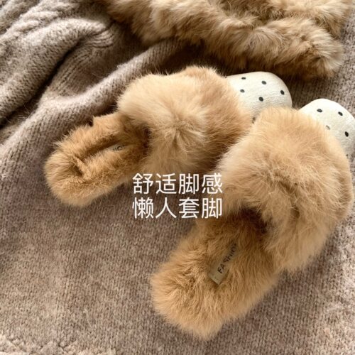 白色恋人~浪漫兔毛翻领毛毛拖鞋女冬外穿穆勒鞋INS网红懒人包头拖