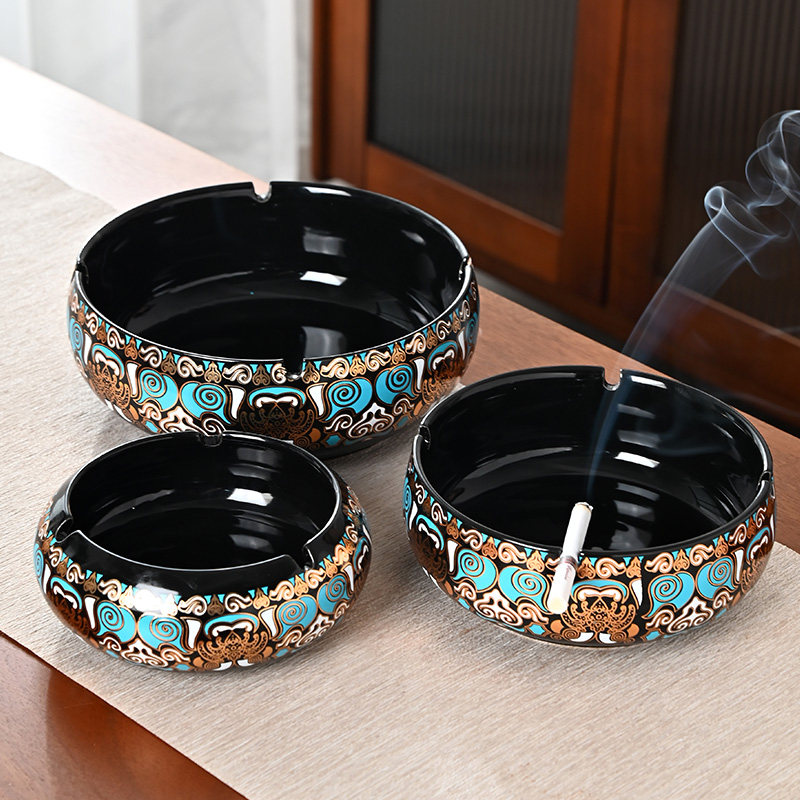 黑金蓝祥云纹烟灰缸陶瓷创意烟缸大小号套装客厅桌面轻奢装饰烟缸