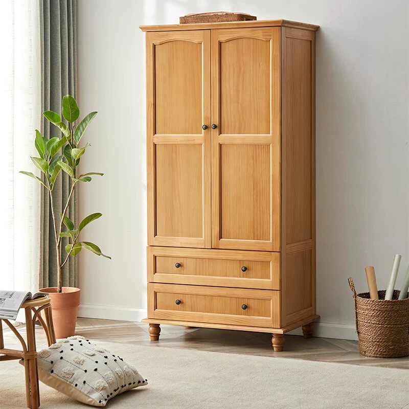 美式乡村实木衣柜家用卧室小户型双门儿童原木两门衣橱收纳柜子