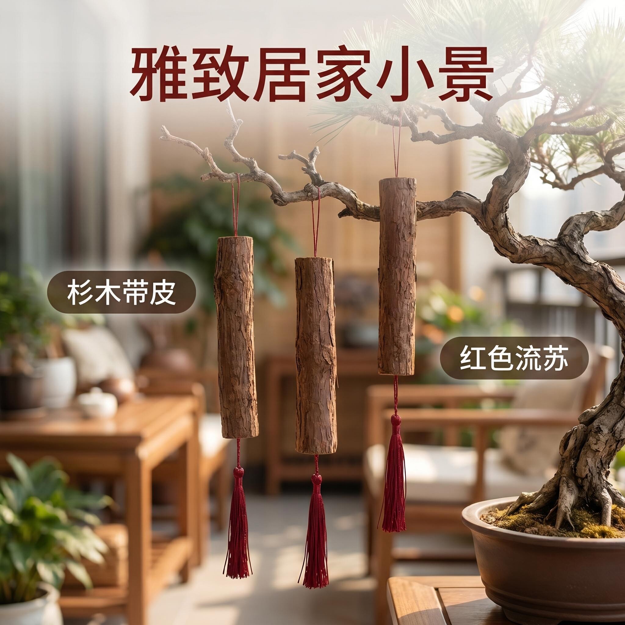 杉木带皮挂饰挂红色流苏悬挂喜庆