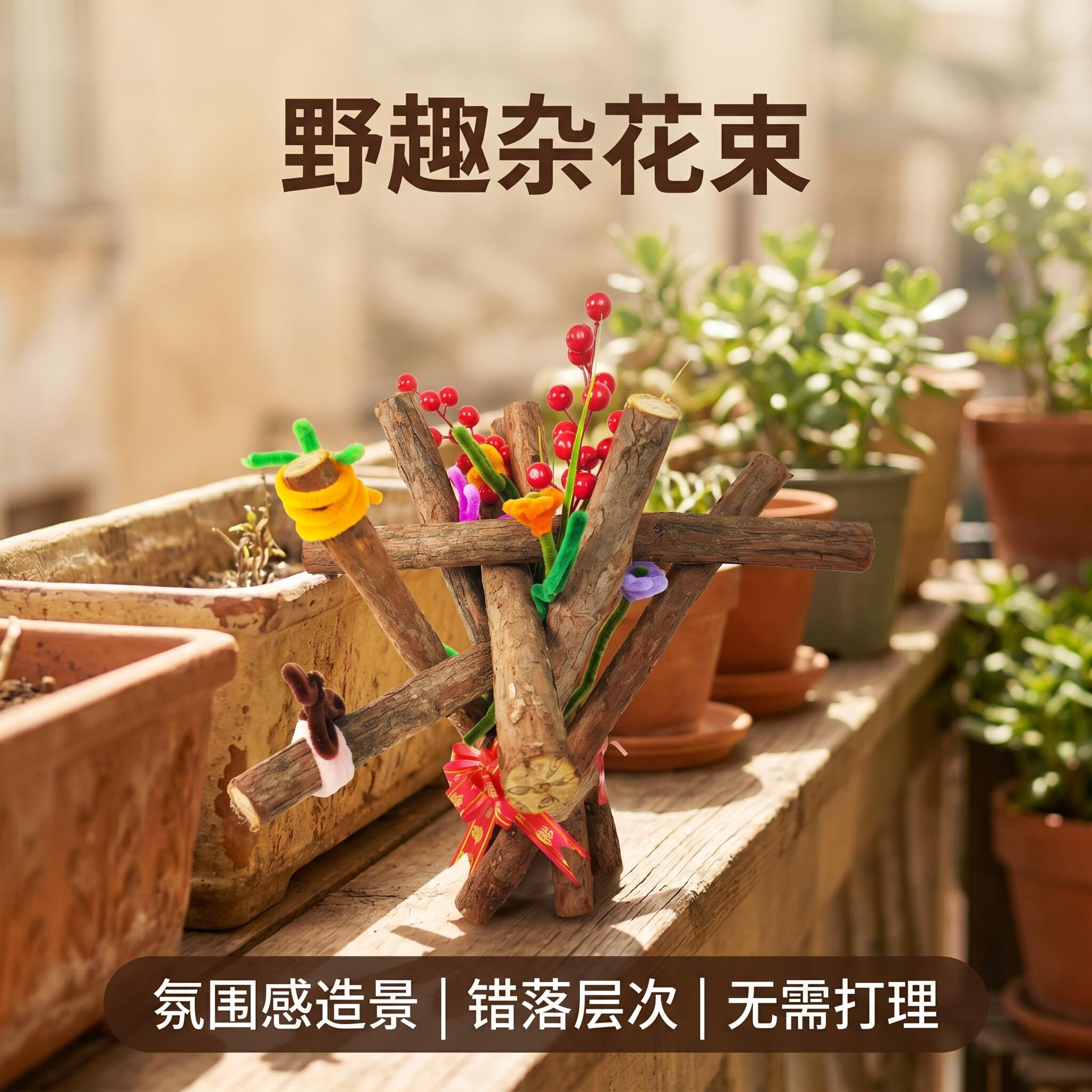 麻绳捆杂花束摆件花架布景桌装饰