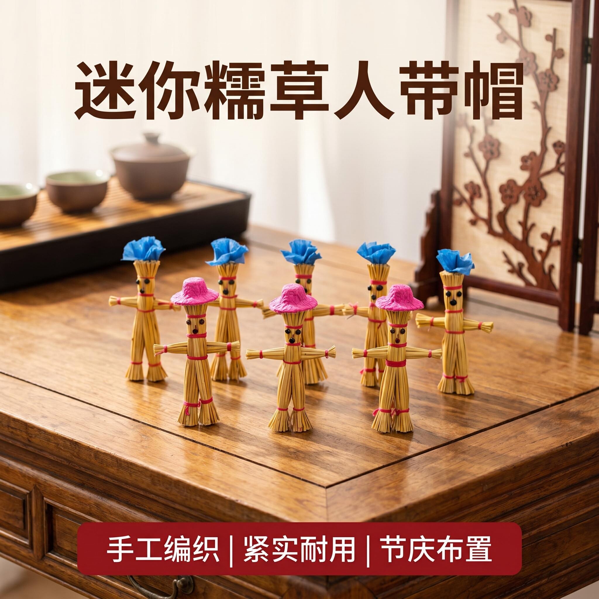 创意糯草人带帽孩童摆件手工草编