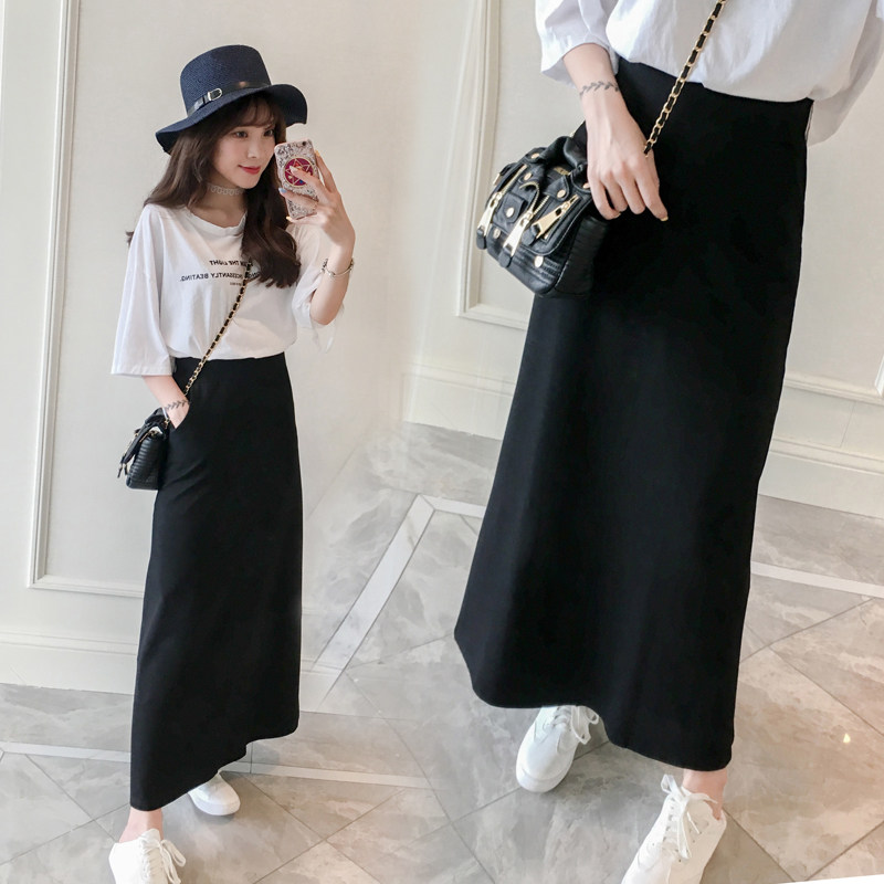 CULV半身裙女早秋新款休闲裙子长款过膝高腰显瘦黑色a字长裙垂感