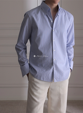 Holy Men | 英国D&JA奢华蚕丝埃及棉一片领条纹长袖衬衫