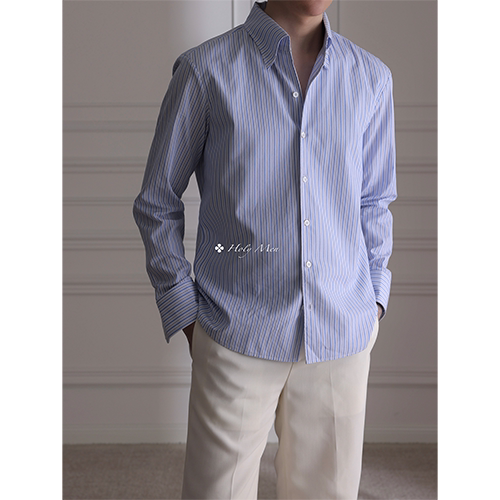 HolyMen蚕丝埃及棉条纹长袖衬衫