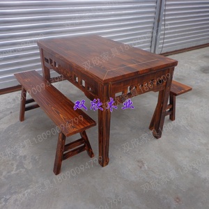 仿古桌椅 餐桌餐椅面馆餐厅农家乐餐桌椅碳化防腐木方桌条桌实木