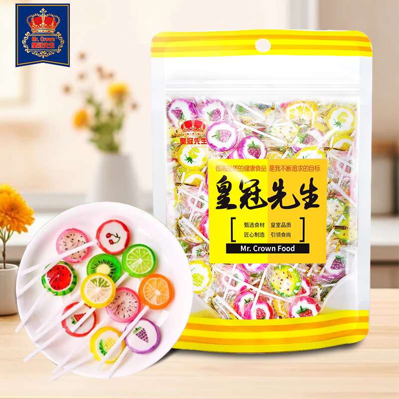 MR. CROWN皇冠先生水果切片棒棒糖500g硬糖水果造型趣味小零食