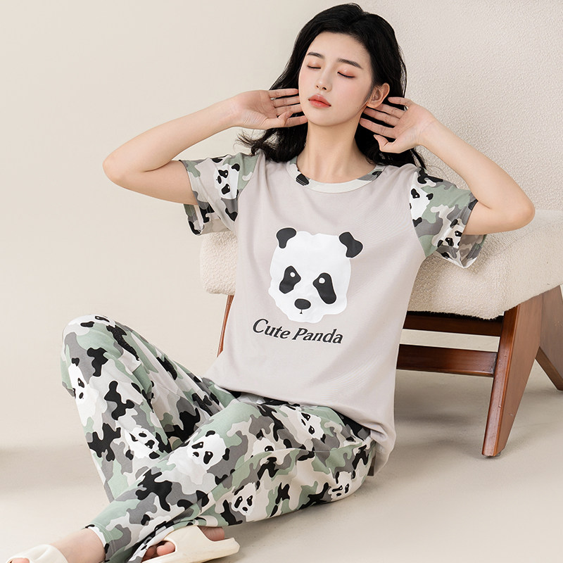 夏季迷彩卡通睡衣女士短袖长裤棉夏天薄款女生加肥大码家居服套装图片