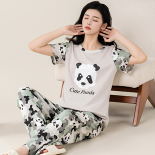 迷彩卡通睡衣女士短袖 棉夏天薄款 夏季 长裤 女生加肥大码 家居服套装