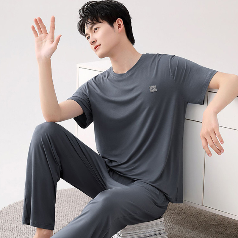 莫代尔睡衣男士夏季短袖长裤休闲简约可外穿加大码5XL家居服套装