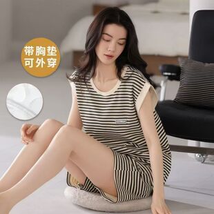 薄款 带胸垫一体无袖 休闲坎肩套装 睡衣女士夏季 家居服外穿 背心短裤