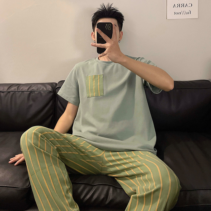 睡衣男士夏季短袖长裤纯棉休闲套装夏天男青少年大码家居服可外穿