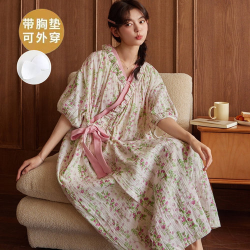 自带胸垫一体长款和服睡裙女夏季舒适云朵棉短袖睡衣夏天家居服女