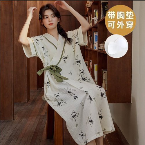带胸垫一体睡裙女夏季云朵棉纱布和服睡衣夏天薄款短袖睡袍家居服
