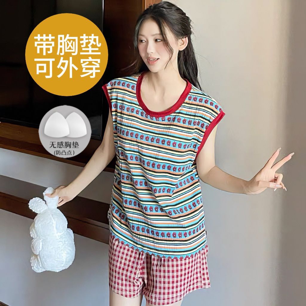 带胸垫一体无袖睡衣女士夏季背心
