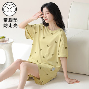 睡衣女夏季 纯棉短袖 带胸垫一体式 薄款 韩版 可爱卡通学生家居服套装