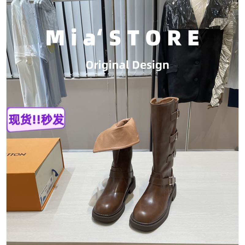 复古皮带扣厚底显瘦棕色长筒靴