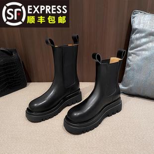 真皮8cm小个子黑色内增高马丁靴女款 套筒厚底切尔西短靴 2025新款
