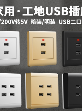 黑色明装二孔四孔USB手机充电220V转5伏工地插座面板36V低压typeC