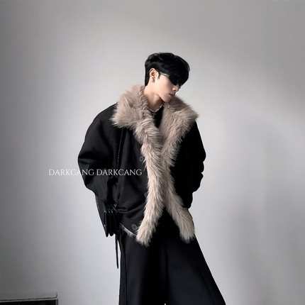 黑沧社/高级感大毛领cleanfit座山雕外套男冬季加绒短款夹克棉服