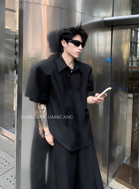 黑沧社/小众设计感黑色垫肩短袖衬衫男款夏季高级感痞帅廓形衬衣