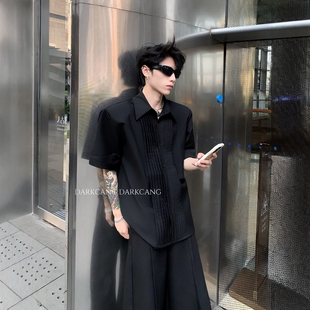 黑沧社/小众设计感黑色垫肩短袖衬衫男款夏季高级感痞帅廓形衬衣