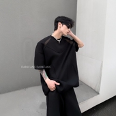 黑沧社 高级感廓形T恤潮 男夏季 美式 透气网设计小圆领重磅垫肩短袖