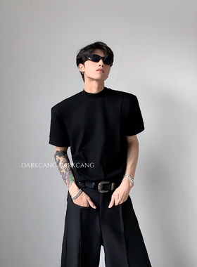 黑沧社/王嘉尔同款短袖T恤男款夏季纯色正肩半高领cleanfit打底衫