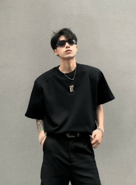 黑沧社/小众金属装饰设计感重磅垫肩T恤男夏季高级感廓形黑色短袖