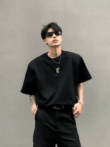 黑沧社/小众金属装饰设计感重磅垫肩T恤男夏季高级感廓形黑色短袖