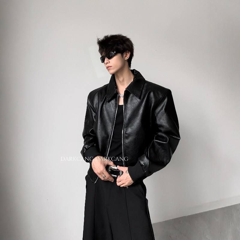 黑沧社/轻奢裂纹设计感短款垫肩皮衣外套男高级感cleanfit夹克潮,男装,皮衣,淘宝优惠券,粉丝福利购,淘宝优惠卷