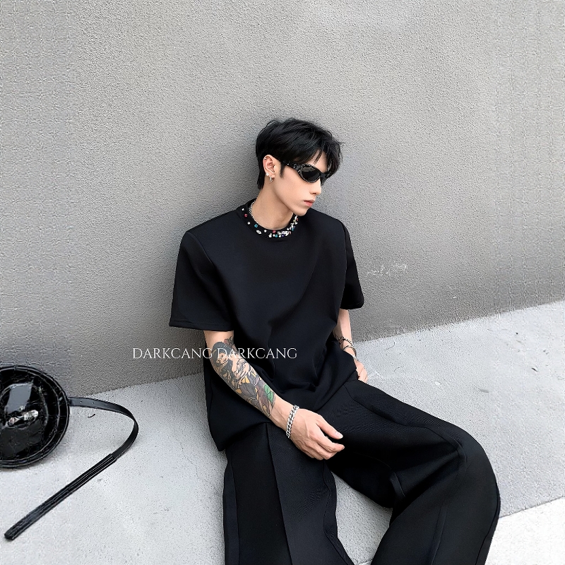 黑沧社/轻奢领口彩钻设计感重磅垫肩短袖男夏季高级感贵气廓形T恤