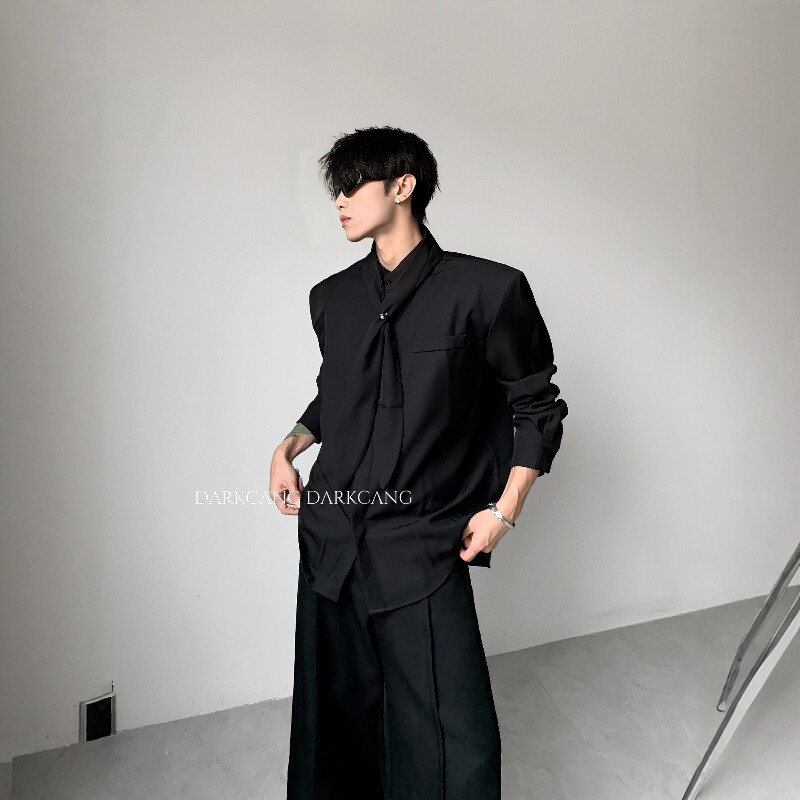 黑沧社/轻奢领巾设计感立领垫肩黑衬衫男秋季高级感痞帅长袖衬衣图片
