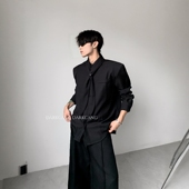 黑沧社 衬衣 高级感痞帅长袖 轻奢领巾设计感立领垫肩黑衬衫 男秋季