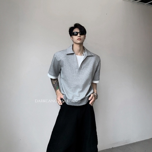黑沧社/轻奢假两件设计感深V领垫肩短袖男夏季高级感短款廓形T恤