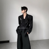 黑沧社 外套男高级感痞帅廓形西服 轻奢亮片刺绣设计垫肩黑色西装