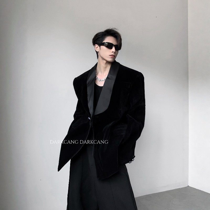 黑沧社/轻奢贵气感丝绒垫肩西装外套男秋季高级感雅痞v领收腰西服,男装,休闲西服,淘宝优惠券,粉丝福利购,淘宝优惠卷