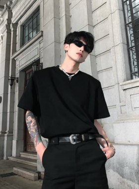 黑沧社/韩国黑色重磅垫肩短袖男夏季百搭打底衫纯色t恤高级感内搭