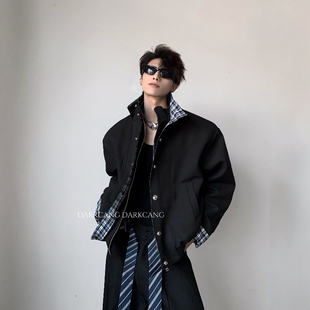 黑沧社/轻奢格纹设计感加厚cleanfit外套男冬季高级短款夹克棉服