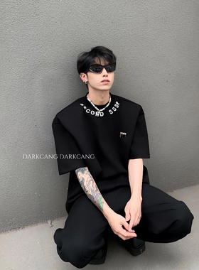 黑沧社/美式小众刺绣设计感黑色垫肩短袖男夏季重磅廓形高级感T恤