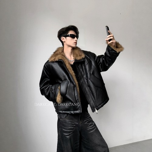 黑沧社/轻奢夹棉cleanfit皮衣棉服男冬季贵气感大毛领座山雕外套