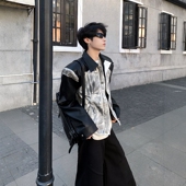 黑沧社 小众朋克拼接设计感机车皮衣男冬季 痞帅做旧垫肩夹克外套