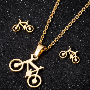 个性 O字链不锈钢耳环项链套装 简约自行车首饰三件套厂家现货