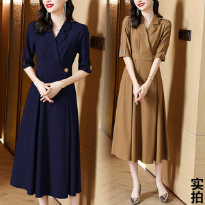 RM23169#西装连衣裙女中袖2023夏季新款别致时尚气质收腰休闲中长款连衣裙